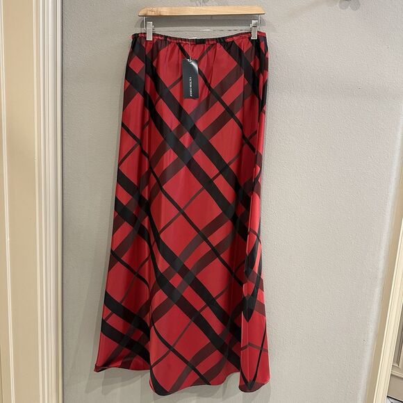 Victor Costa Red & Black Plaid Satin Formal Full Maxi Skirt Size Large Academia - Picture 3 of 7
